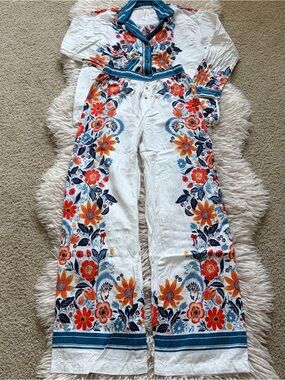 By Anthropologie Flannel White Floral Pajama Set XS top and XXS button